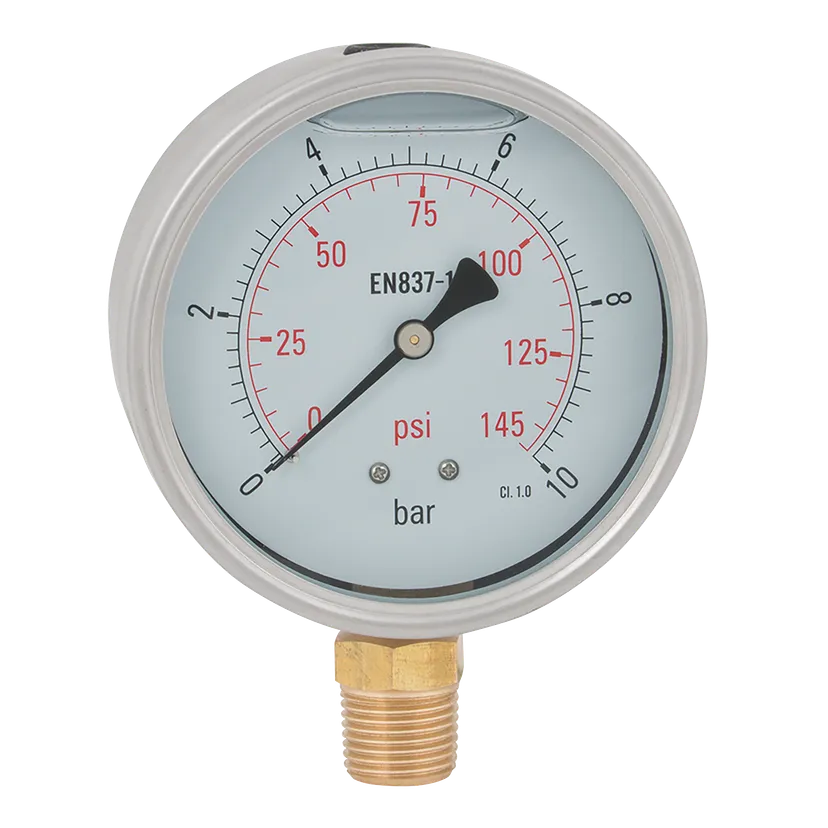 [PG-15-100-40B-SS-BSPT-BTM] 1/2" BSPT BOTTOM ENTRY 100MM DIAL PRESSURE GAUGE, SS CASE GLYCERINE FILLED 0-40