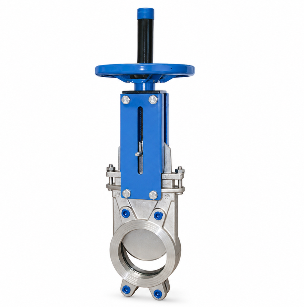 [SS-VAL-KEG-100-P10-HW-BI] 100MM (4") UNI-DIRECTIONAL CF8M SS KNIFE GATE VALVE. HANDWHEEL OP. RISING STEM